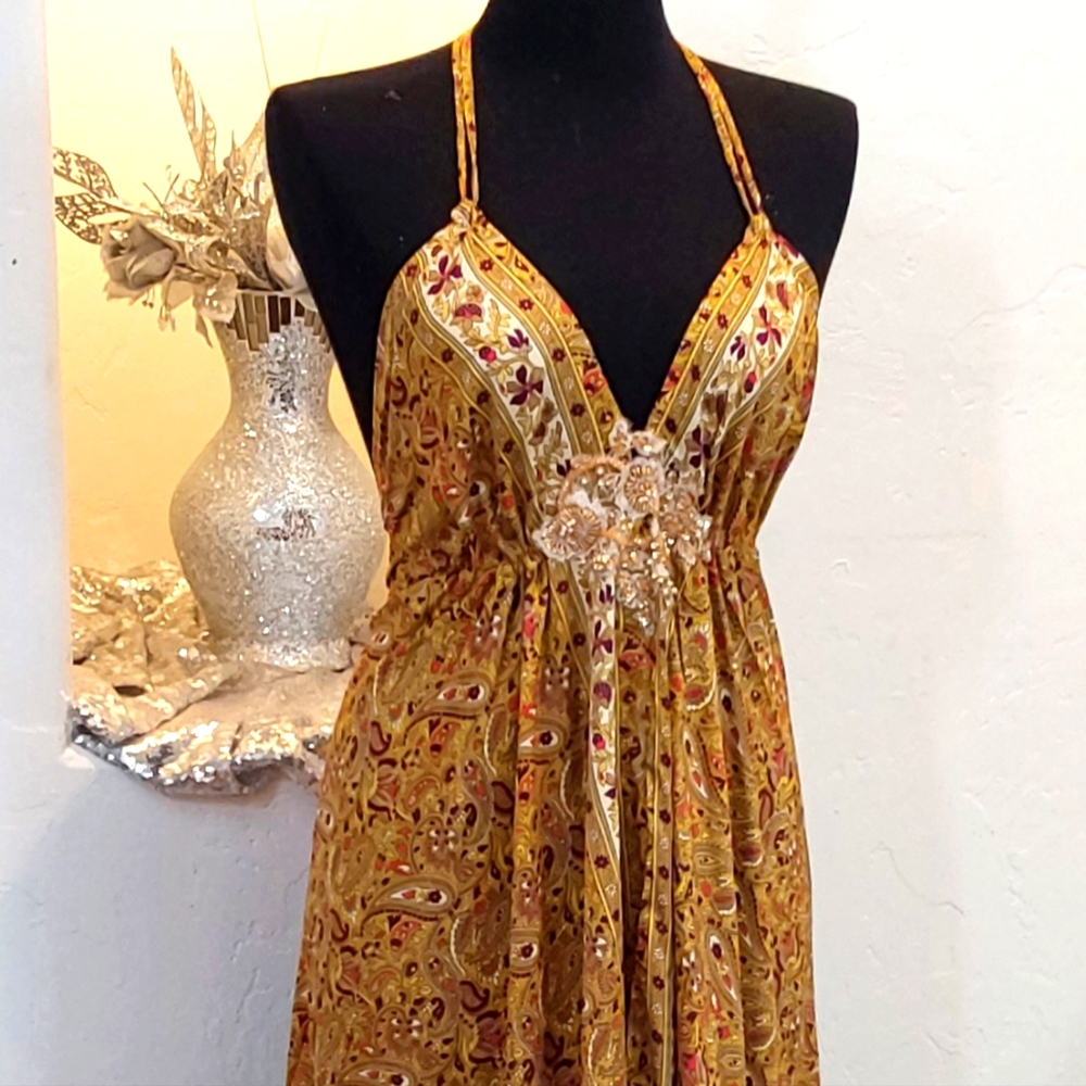 BOHEMIAN GODDESS Silk Gold, Green, Wine & Ivory Floral Maxi Dress